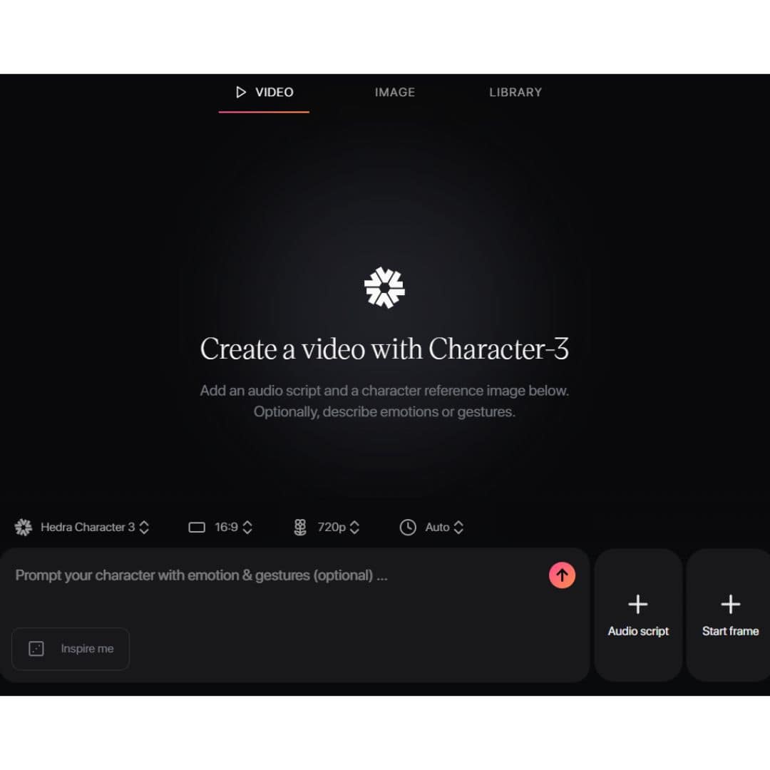 Skärmdump från Hedra AI:s gränssnitt med rubriken “Create a video with Character-3” och knappar för att ladda upp ljudmanus och startbild.